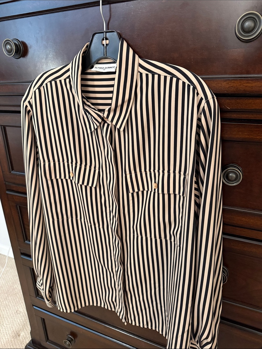 Alfred Dunner Black and Cream Vertical Stripe Button-Front Shirt - Picture 3 of 5